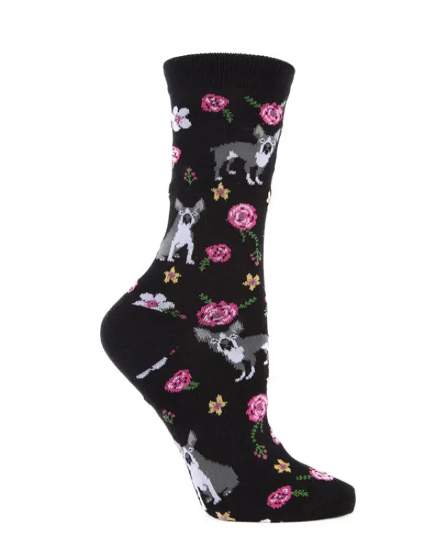 "French Bulldog And Roses" Bamboo Crew Socks by Me Moí - Medium made by MeMoi
