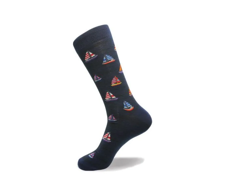Vagden Men's "Colorful Sailboat" Pattern Cotton Dress Sock sold by Great Sox