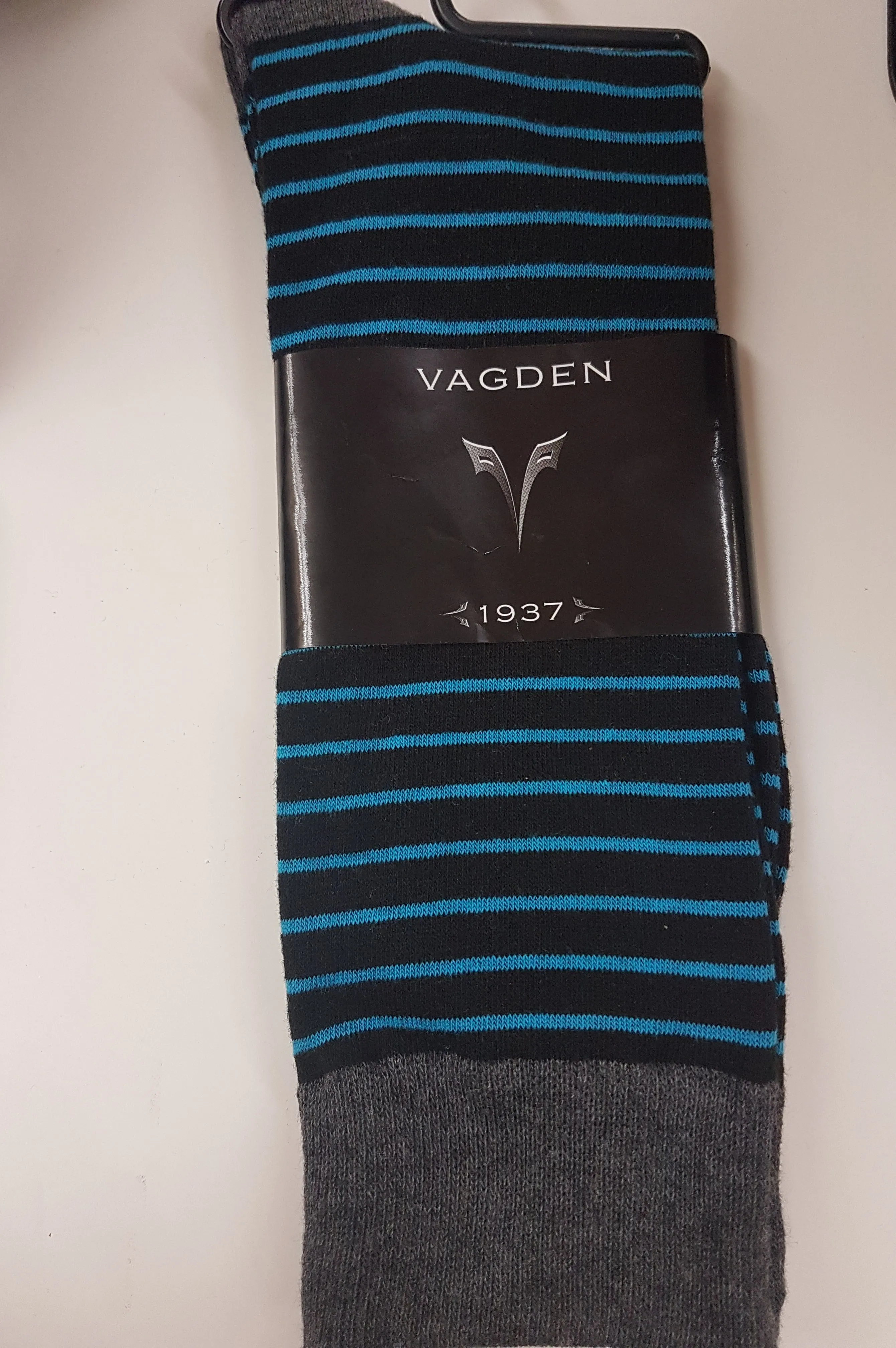 Vagden Men's Cotton Black & Grey with Blue Pin Stripe Dress Socks sold by Great Sox