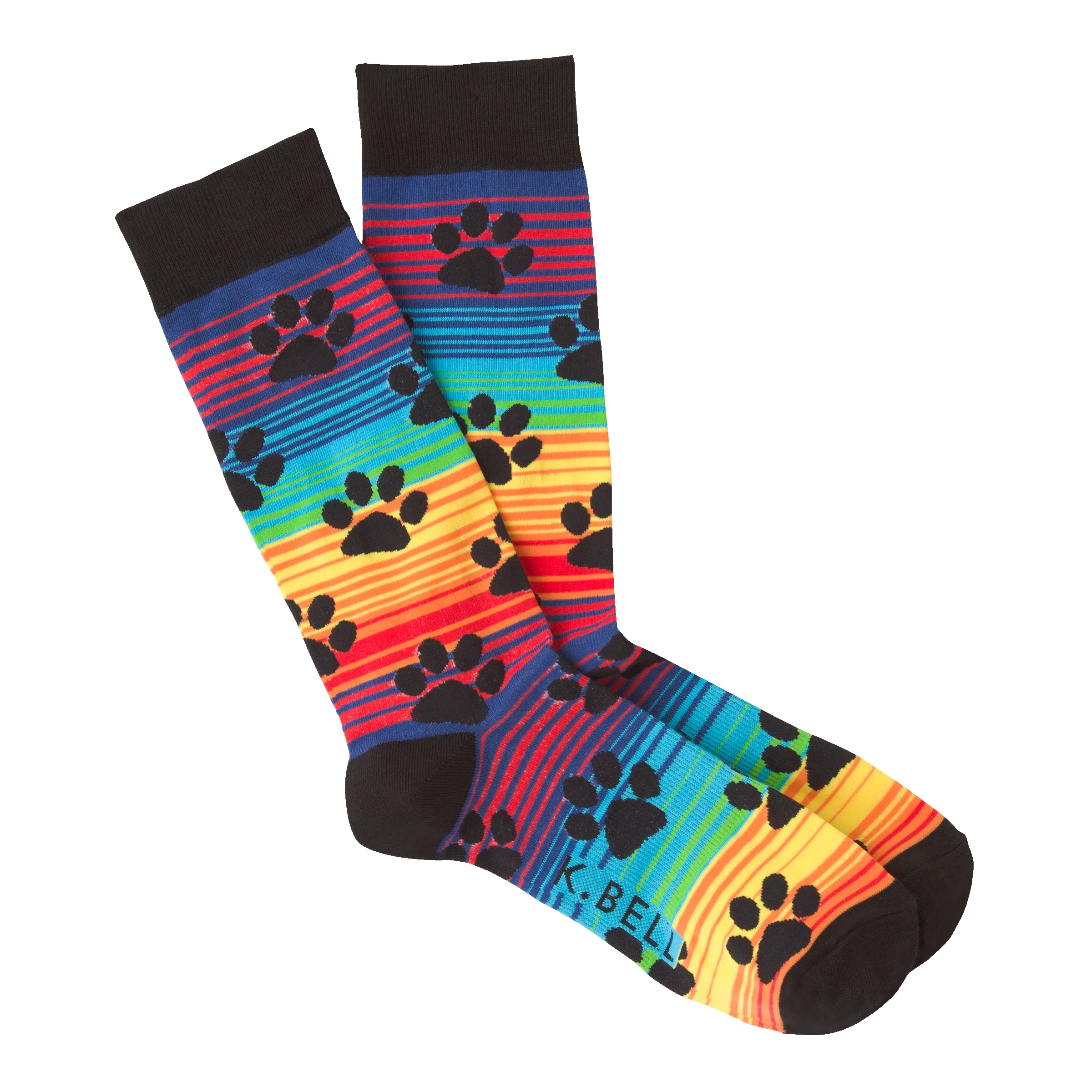 "Rainbow Stripe Paw Prints" Crew Socks by K Bell sold by Great Sox