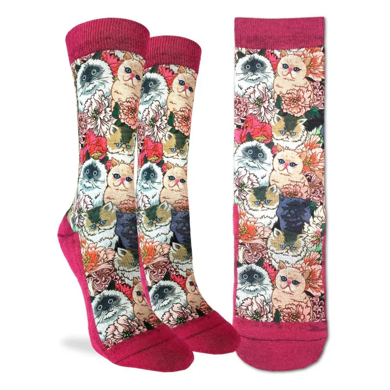 "Floral Cats" Active Crew Socks by Good Luck Sock - Medium made by Great Sox