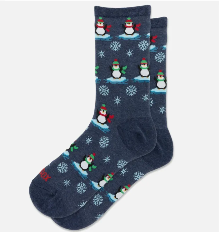 "Christmas Penguins" Cotton Crew Socks by Hot Sox - Medium made by Hot Sox