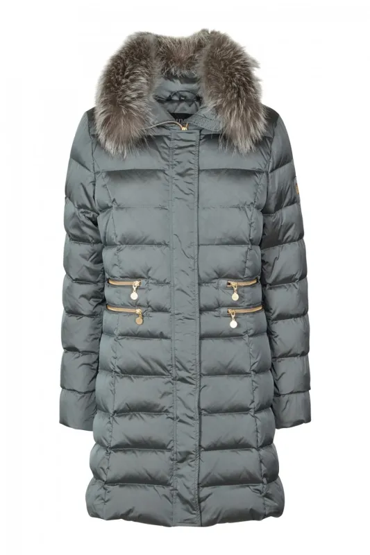 Down Mid-Length Coat with Silver Fox Fur Trim 2850 sold by Lornes Coats