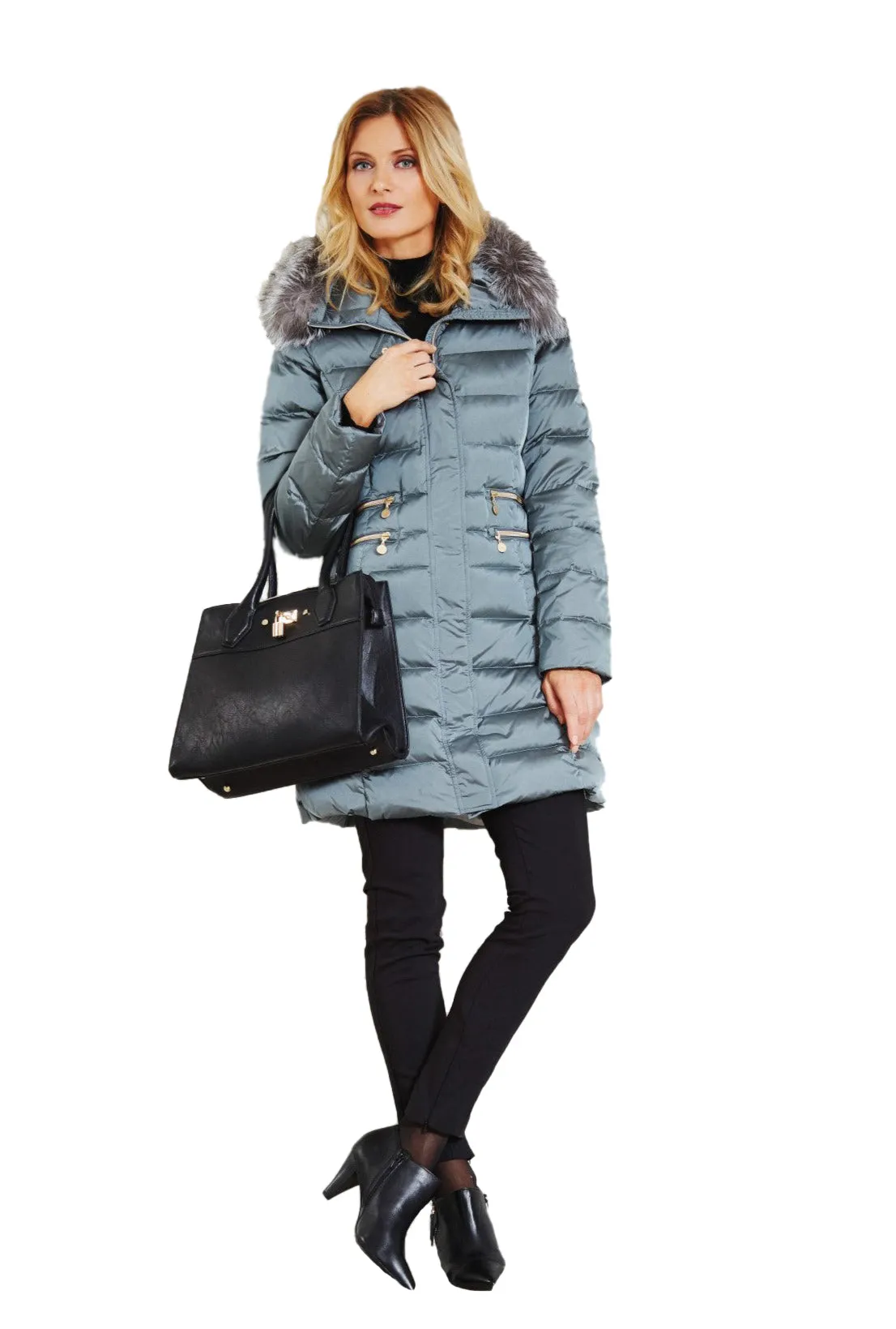 Down Mid-Length Coat with Silver Fox Fur Trim 2850 sold by Lornes Coats product image thumbnail 3