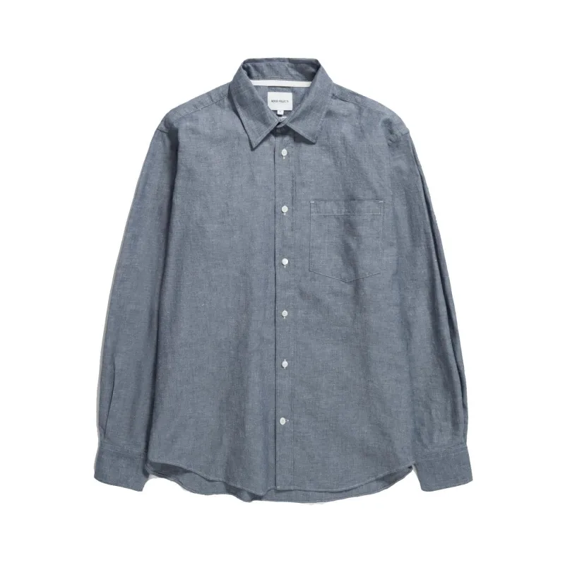 Algot Relaxed L/S Cotton Linen Shirt - Dark Navy sold by Stomping Ground
