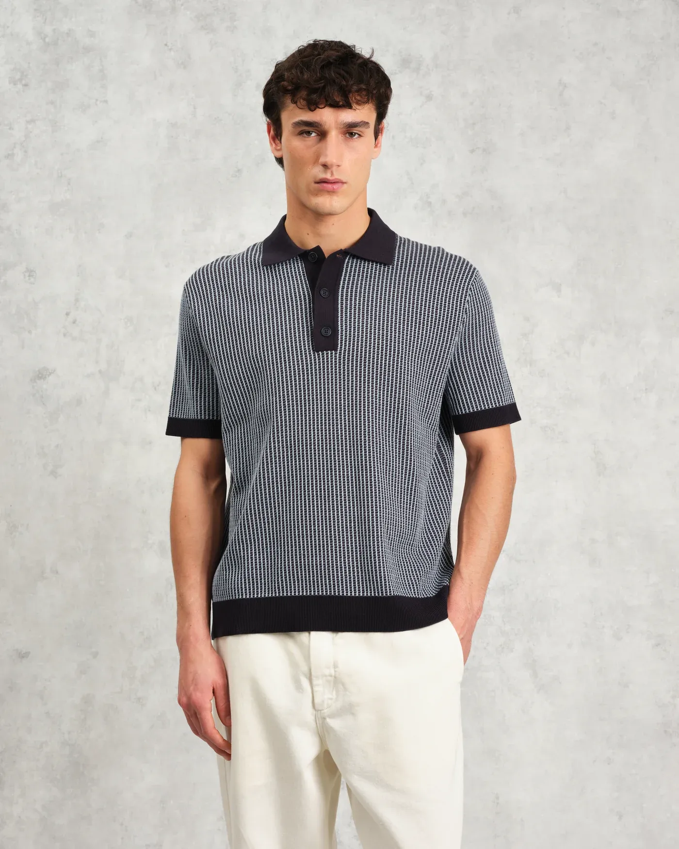 S/S Turin Knit Polo - Navy Ladder Stripe sold by Stomping Ground product image thumbnail 3