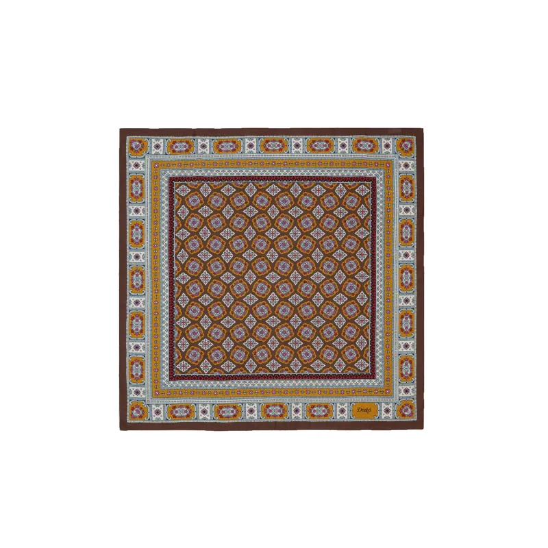 Floral Medallion Print Wool-Silk Bandana -  Brown, Blue and Gold sold by Stomping Ground