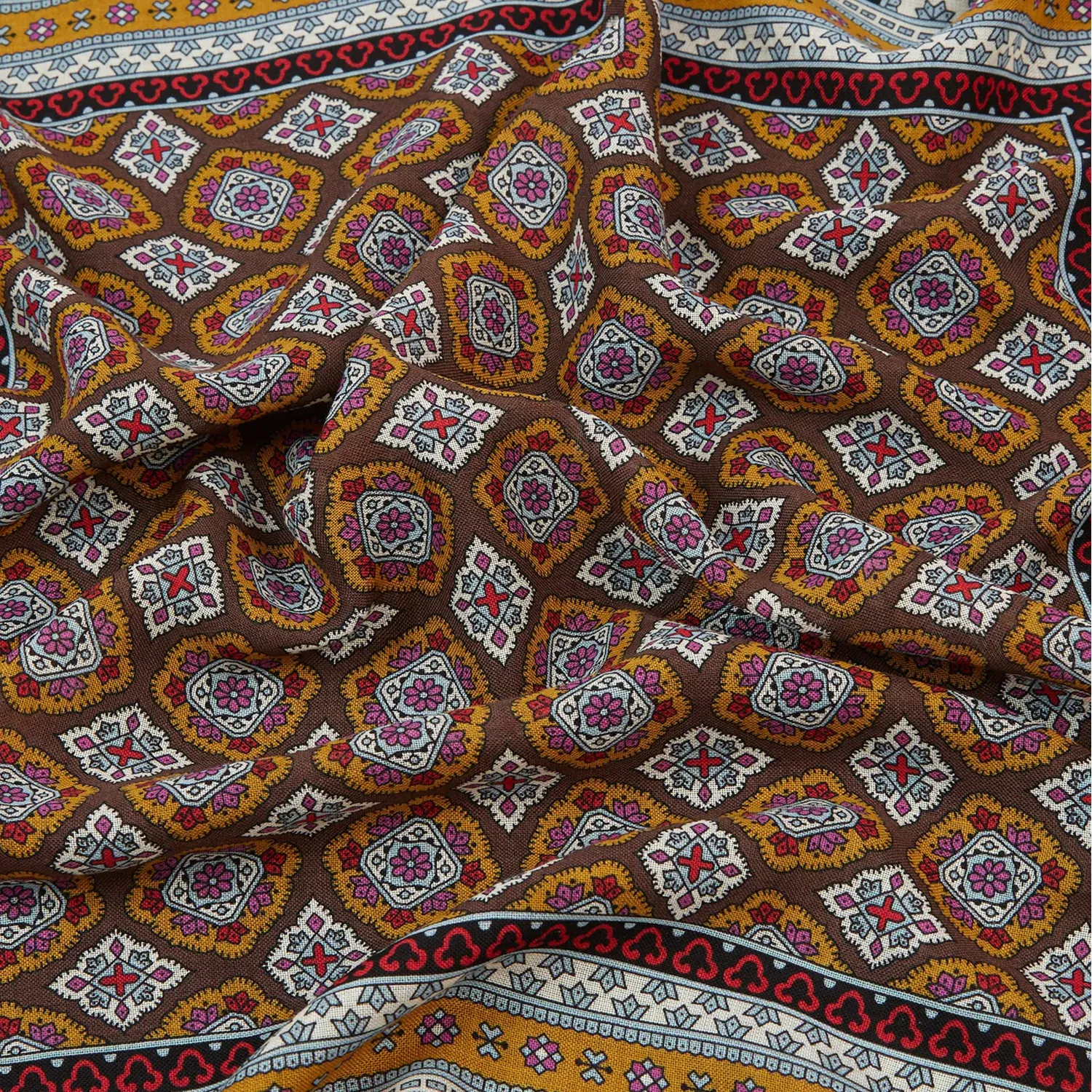 Floral Medallion Print Wool-Silk Bandana - Brown, Blue and Gold sold by Stomping Ground product image thumbnail 2