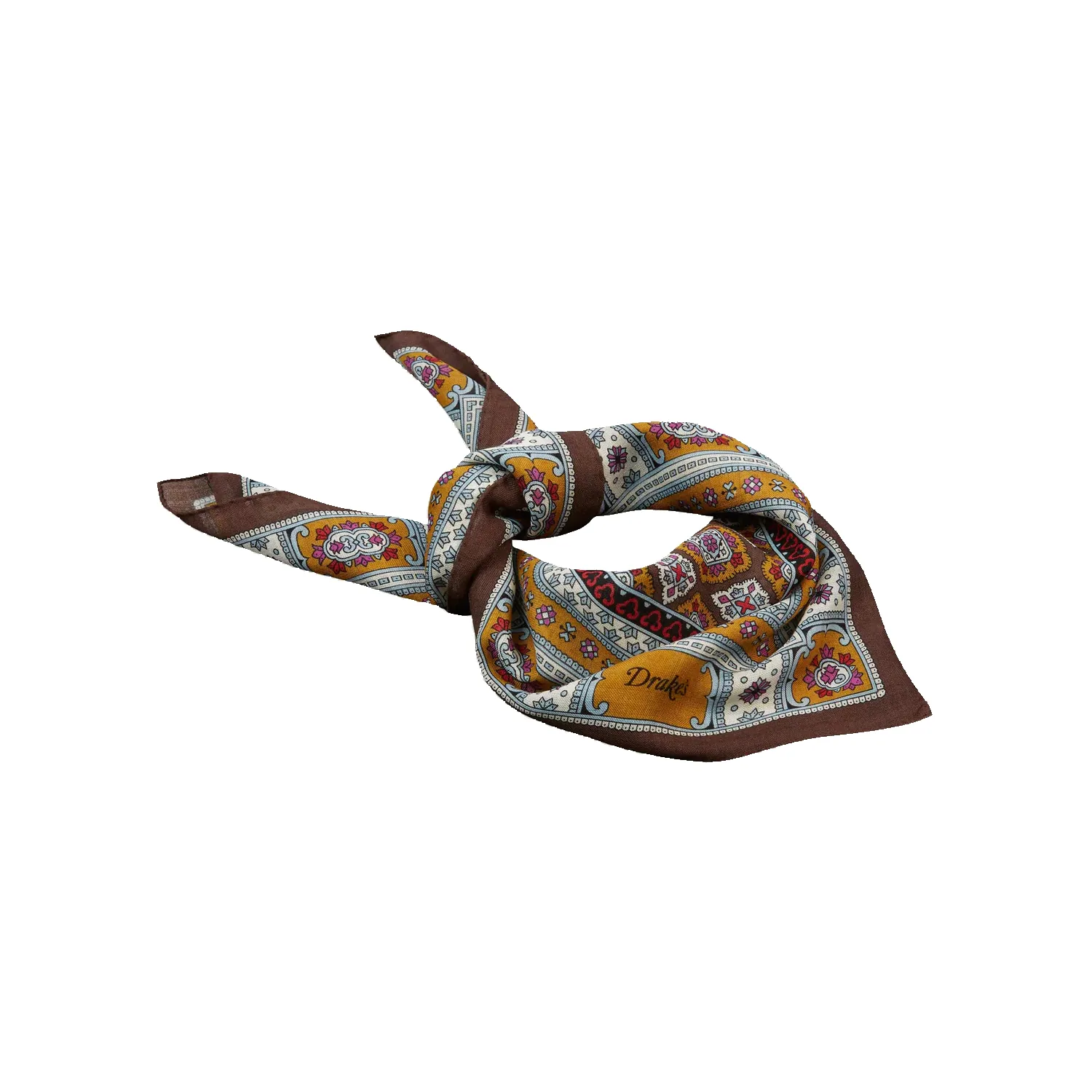 Floral Medallion Print Wool-Silk Bandana - Brown, Blue and Gold sold by Stomping Ground product image thumbnail 3