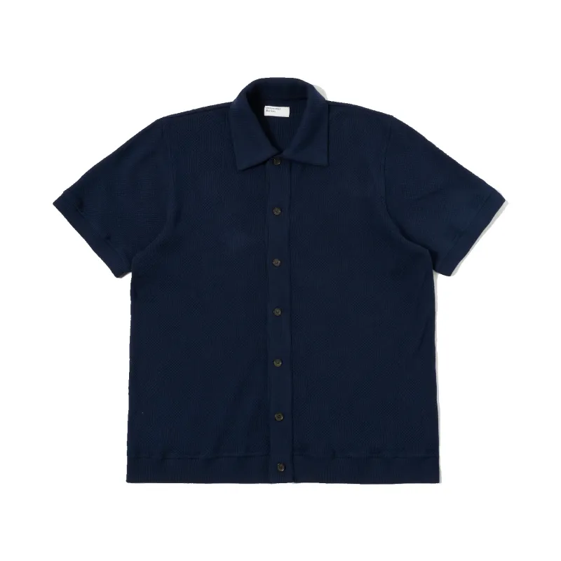 Button Through Polo - Bright Navy Fantasy Checkerboard made by Universal Works