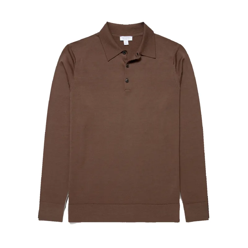 Fine Knit Merino L/S Knit Polo Shirt - Bark sold by Stomping Ground