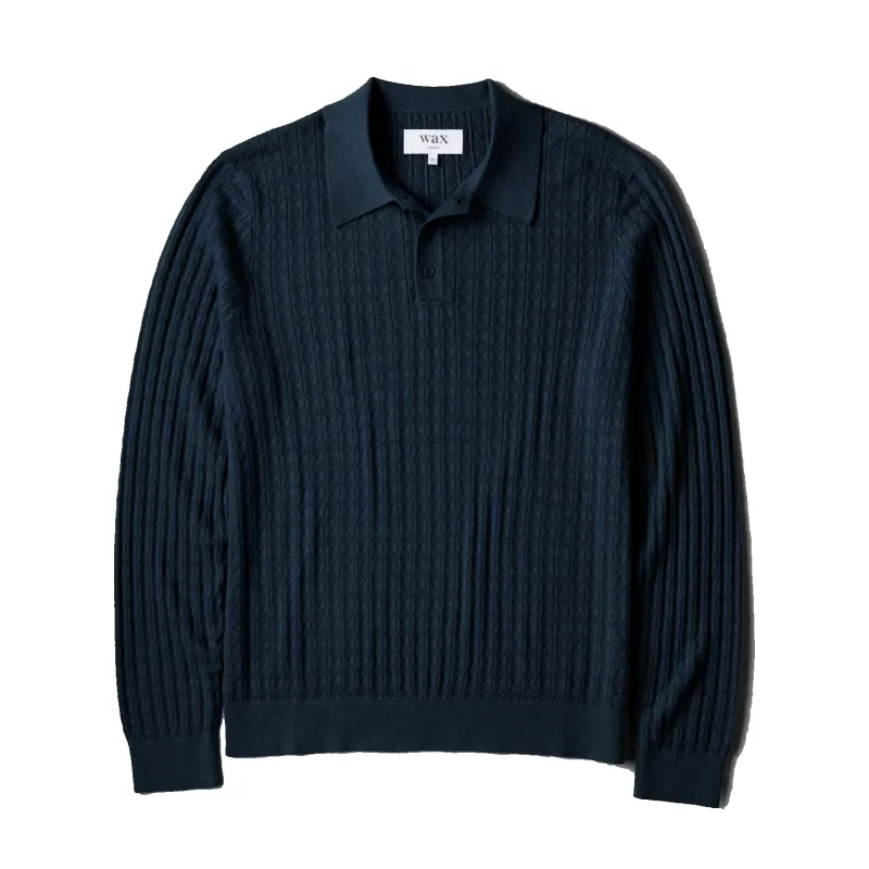 Oban - Navy Diamond Stripe Knitted Polo sold by Stomping Ground