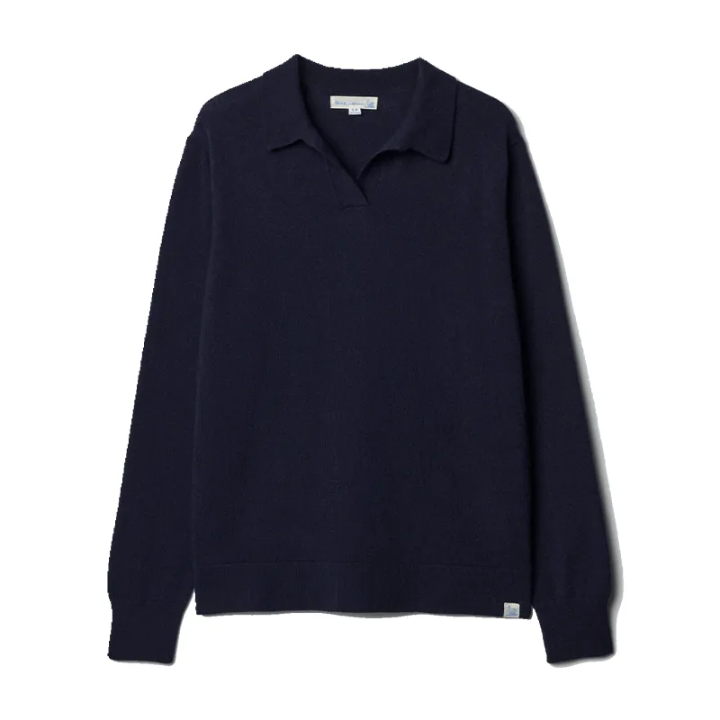 Merino Wool - Cashmere - Silk Long sleeve Polo Shirt - Dark Navy made by Merz B. Schwanen