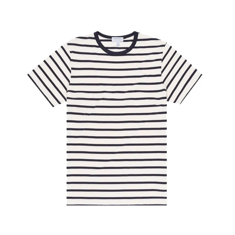 SS CREW NECK TEE - Ecru / Navy Breton made by Sunspel