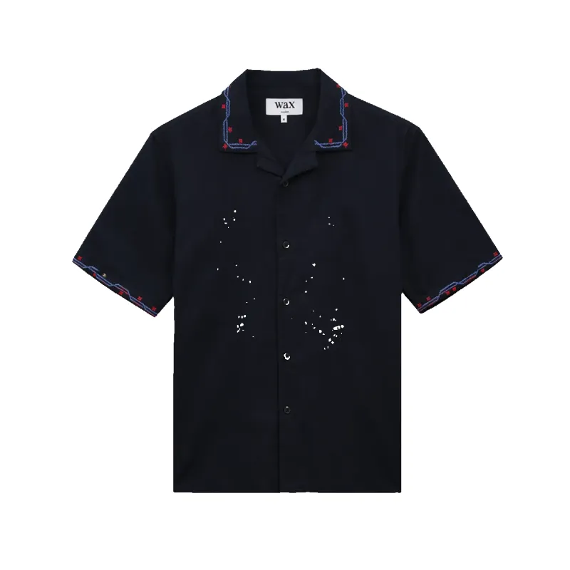 Didcot Cross-Stitch Border Short-Sleeve Shirt - Navy made by Wax London