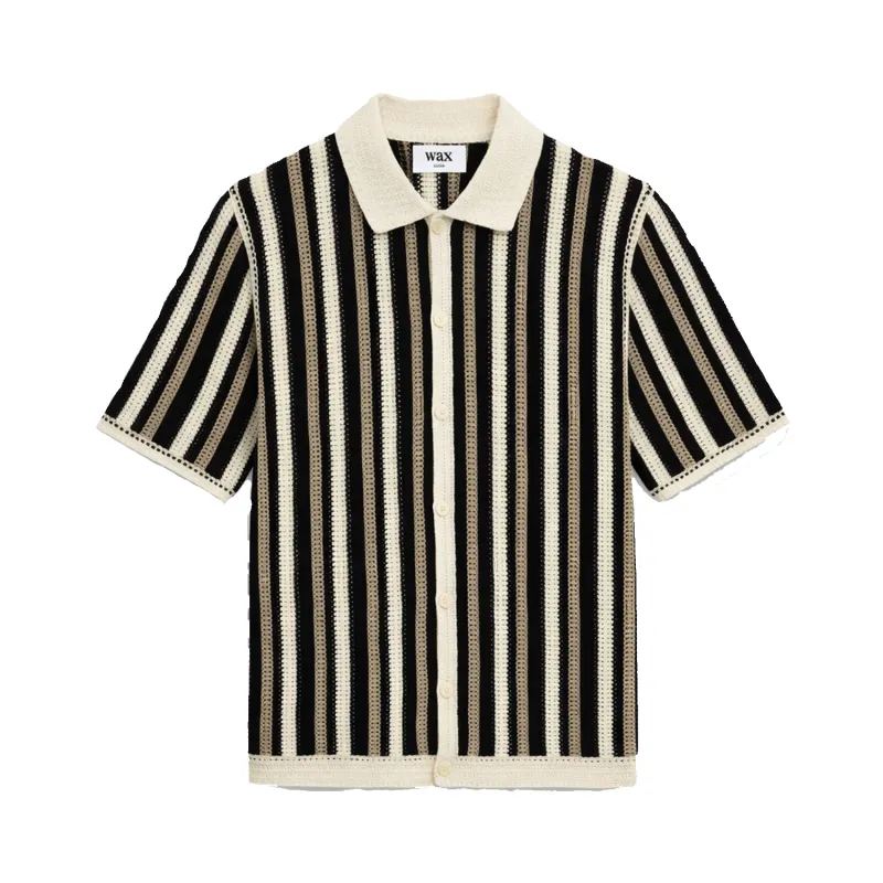 Porto SS Polo Stripe Crochet - Ecru / Black made by Wax London