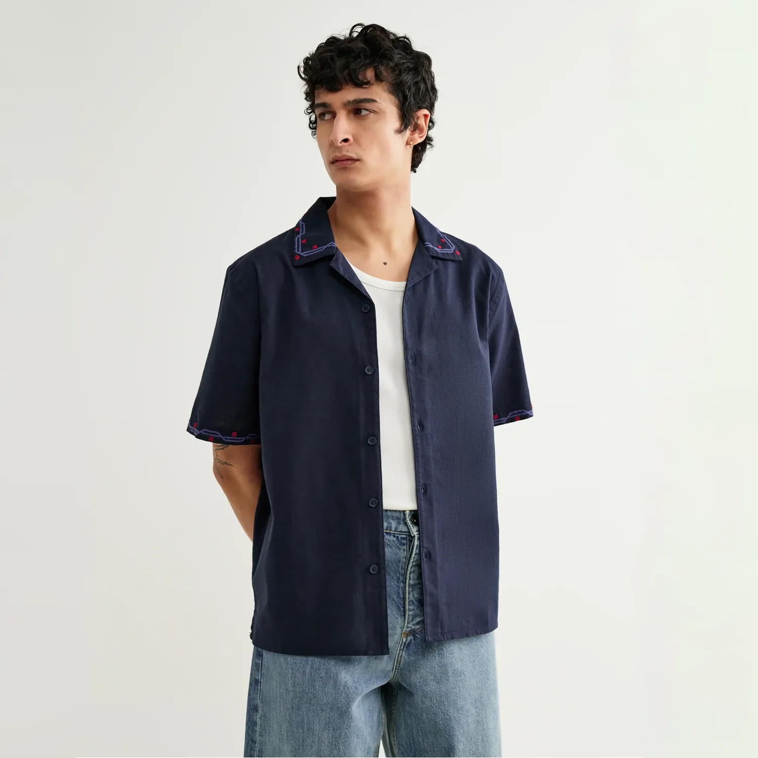 Didcot Cross-Stitch Border Short-Sleeve Shirt - Navy sold by Stomping Ground product image thumbnail 2
