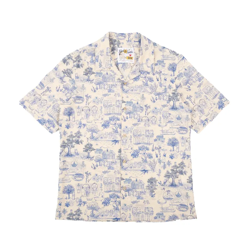 S/S Aloha Shirt - Linen Cats - Blue made by Naked & Famous Denim