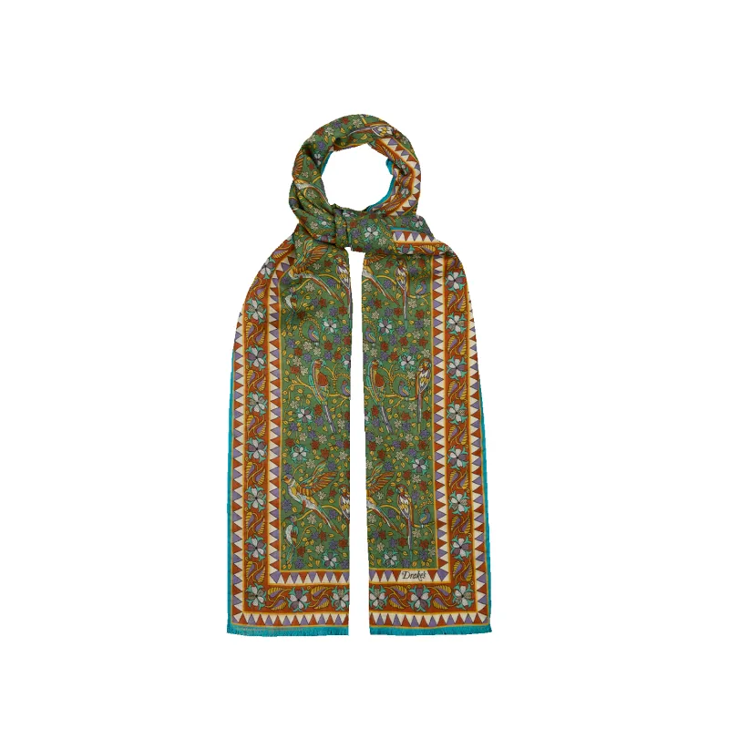 Birds And Flowers Printed Scarf - Green made by Drakes