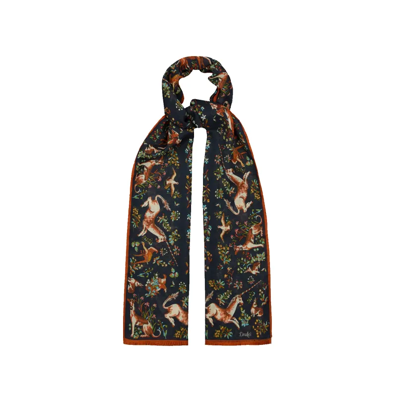 Unicorn Garden Print Scarf - Navy made by Drakes