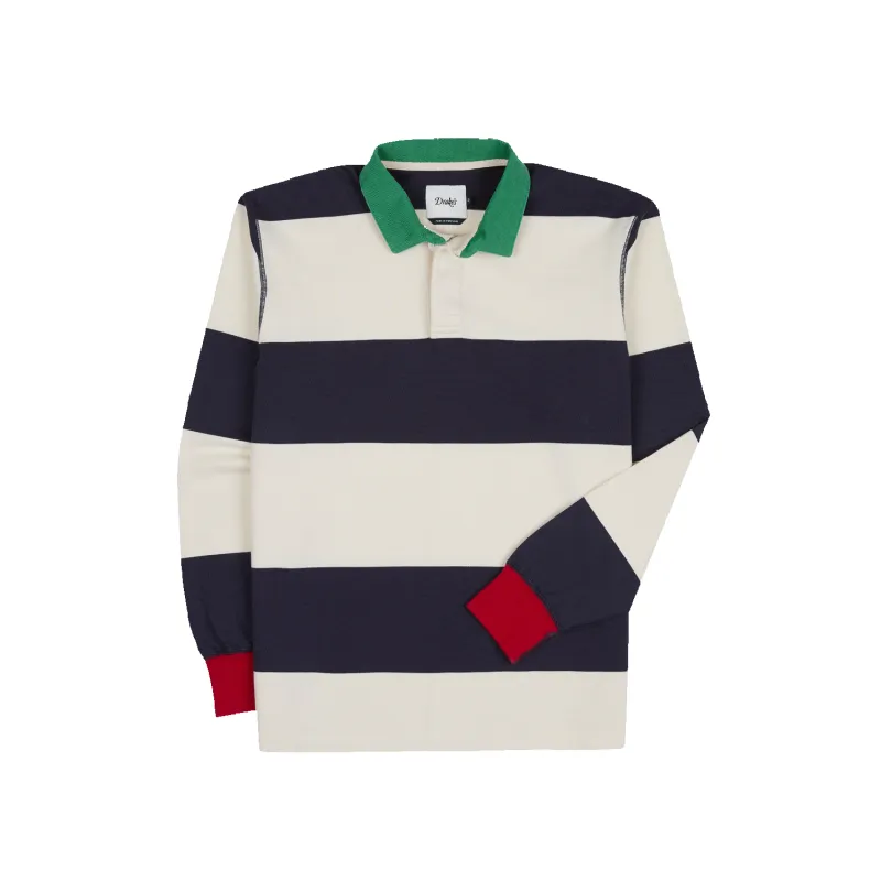 Dual Block Stripe Rugby - White & Navy made by Drakes