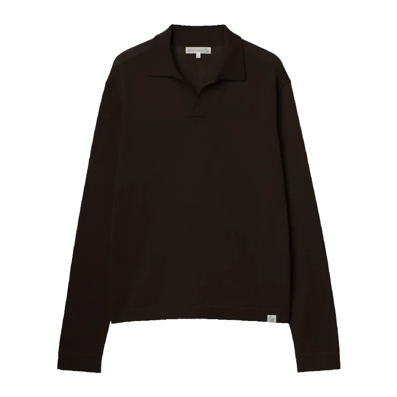 Refined Knitted Merino Wool Long Sleeve Polo - Coffee made by Merz B. Schwanen