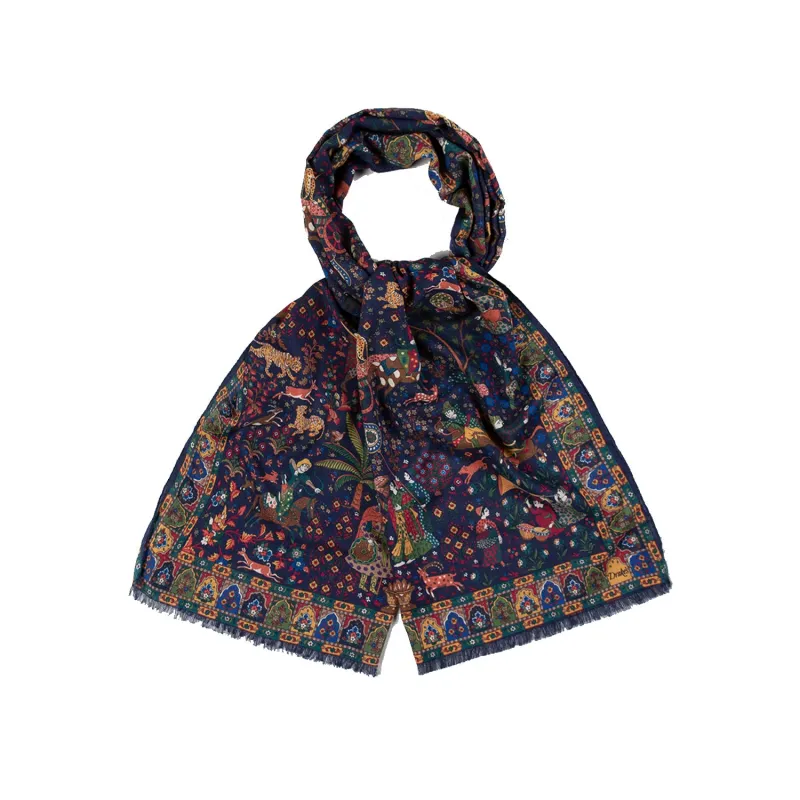 Moghul Garden Silk Scarf - Navy made by Drakes