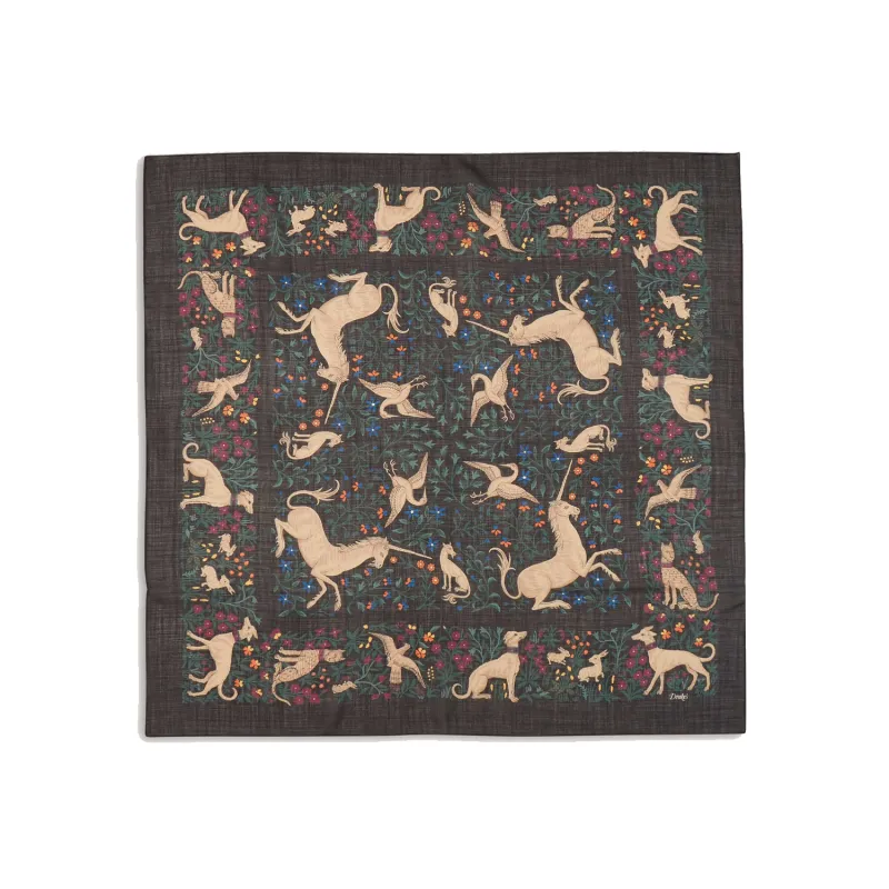 Unicorn Garden Wool Silk Square Scarf - Black made by Drakes
