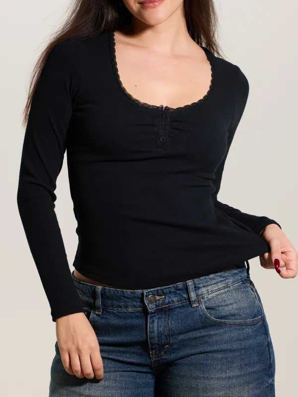 Lace Trim Henley Long Sleeve made by Klassy