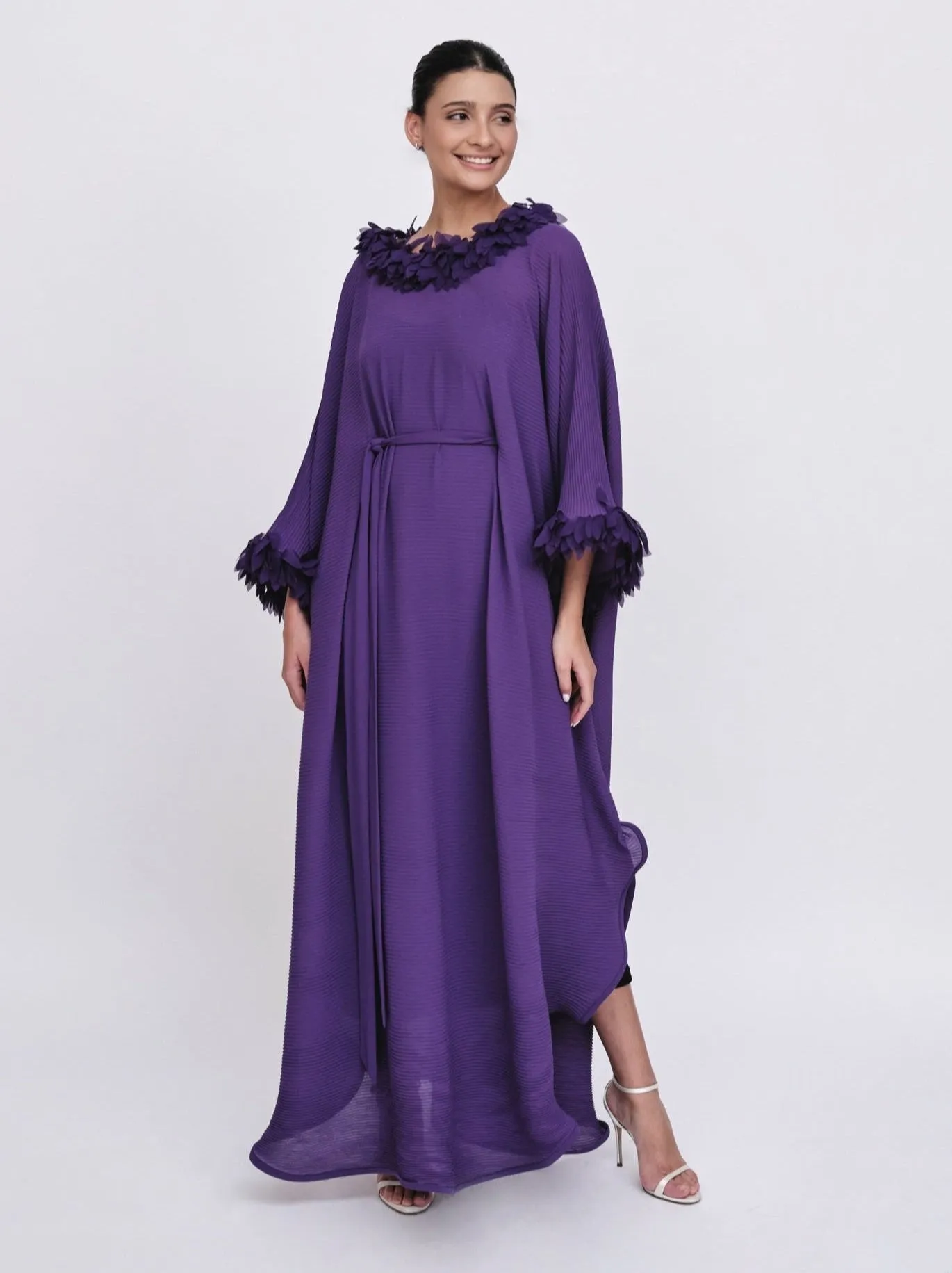 Floretta Kaftan: Free Size Pleated Georgette Maxi with Frills sold by Baruni