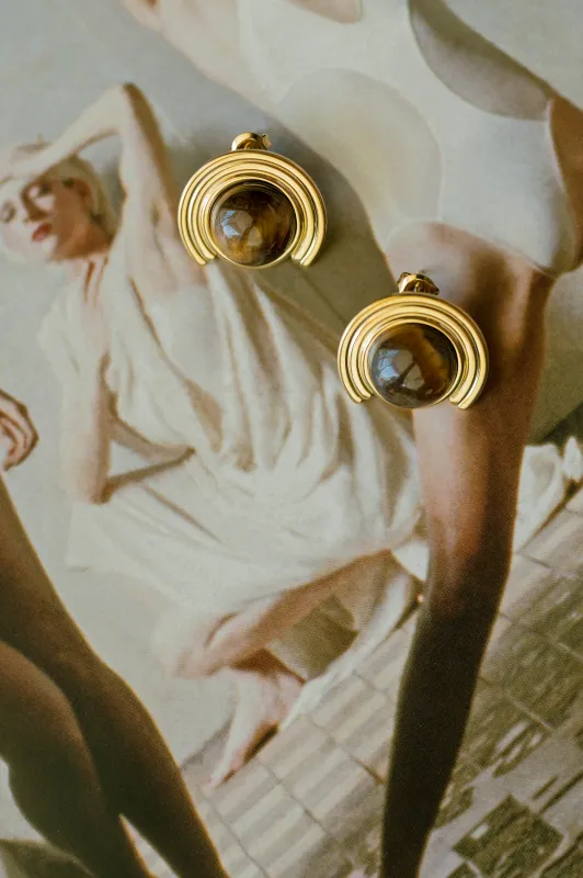 Tiger’s Eye Arc Statement Studs sold by Bibi & Kim
