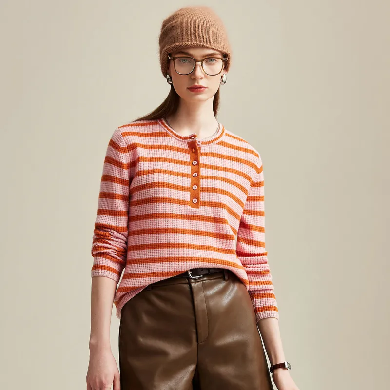 100% Cashmere Striped Button-Down Waffle Knit Sweater sold by COMOBOCA