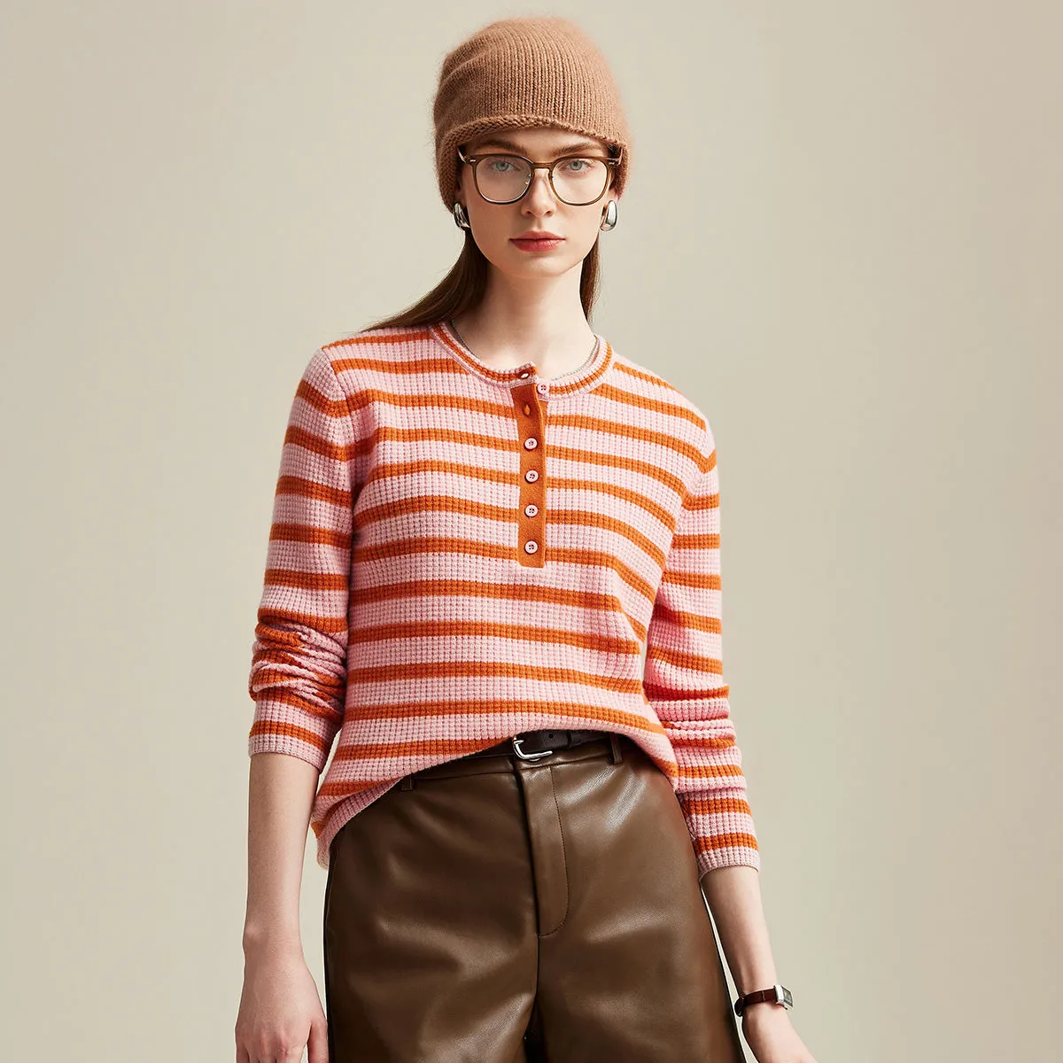 100% Cashmere Striped Button-Down Waffle Knit Sweater sold by COMOBOCA