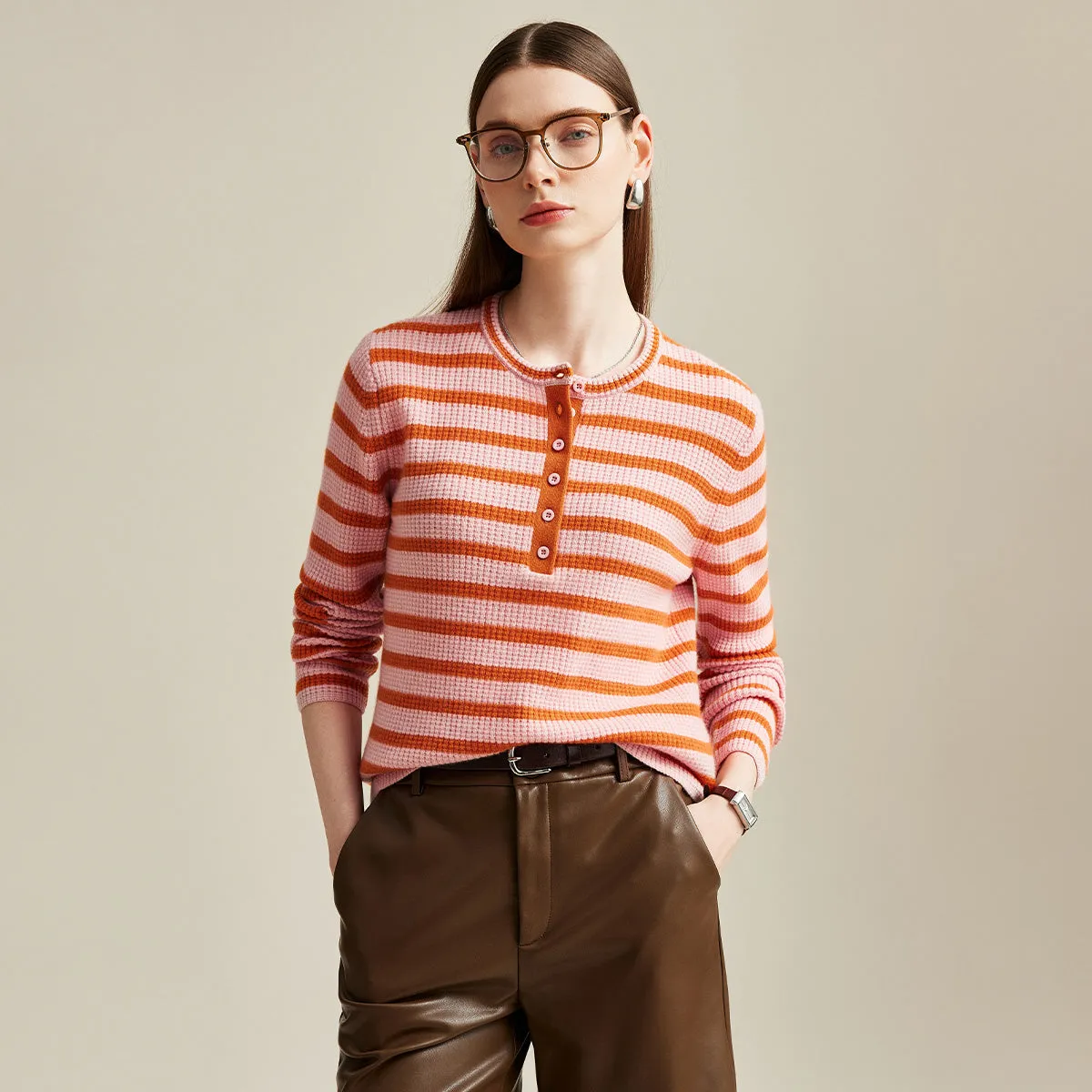 100% Cashmere Striped Button-Down Waffle Knit Sweater sold by COMOBOCA product image thumbnail 2