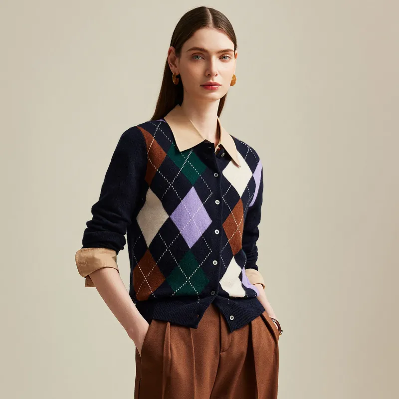 100% Cashmere Women's Argyle Pattern Button-Up Cardigan sold by COMOBOCA