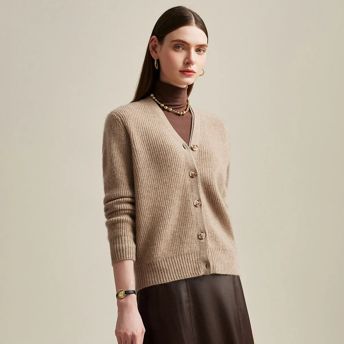 100% Cashmere Women's V-Neck Ribbed Button Cardigan sold by COMOBOCA product image thumbnail 3