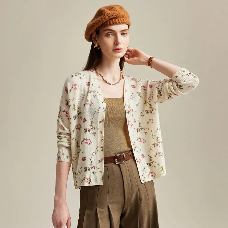 100% Cashmere Elegant Floral Print Cardigan sold by COMOBOCA