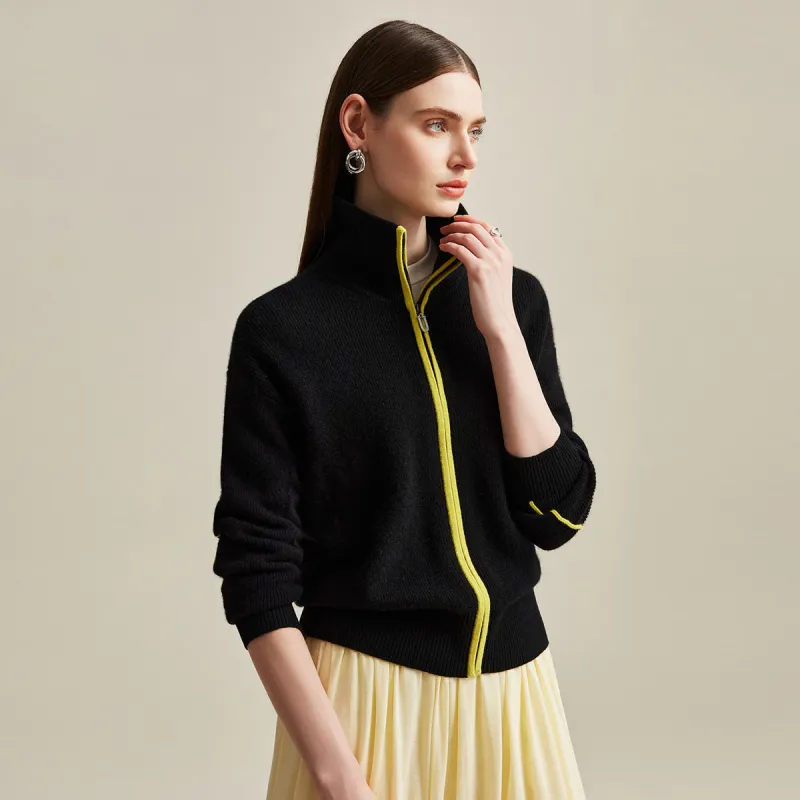 100% Cashmere Women's Contrast Piping Zip-Up Cardigan sold by COMOBOCA