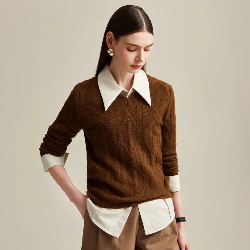 COMOBOCA Cashmere Women's Cable Knit V-Neck Sweater sold by COMOBOCA