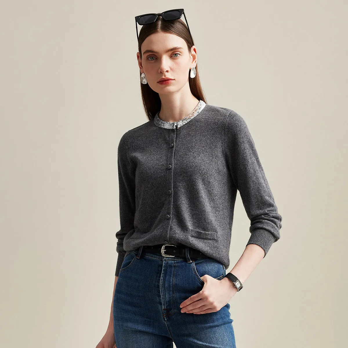 100% Cashmere Women's Embellished Collar Button Cardigan sold by COMOBOCA product image thumbnail 3