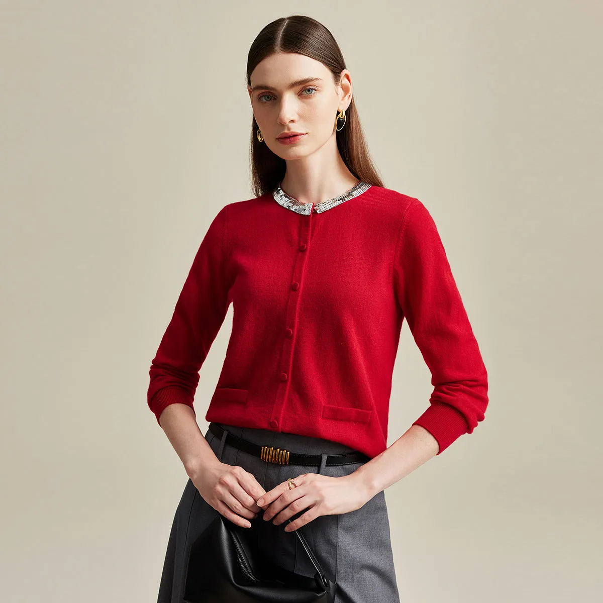 100% Cashmere Women's Embellished Collar Button Cardigan sold by COMOBOCA product image thumbnail 2