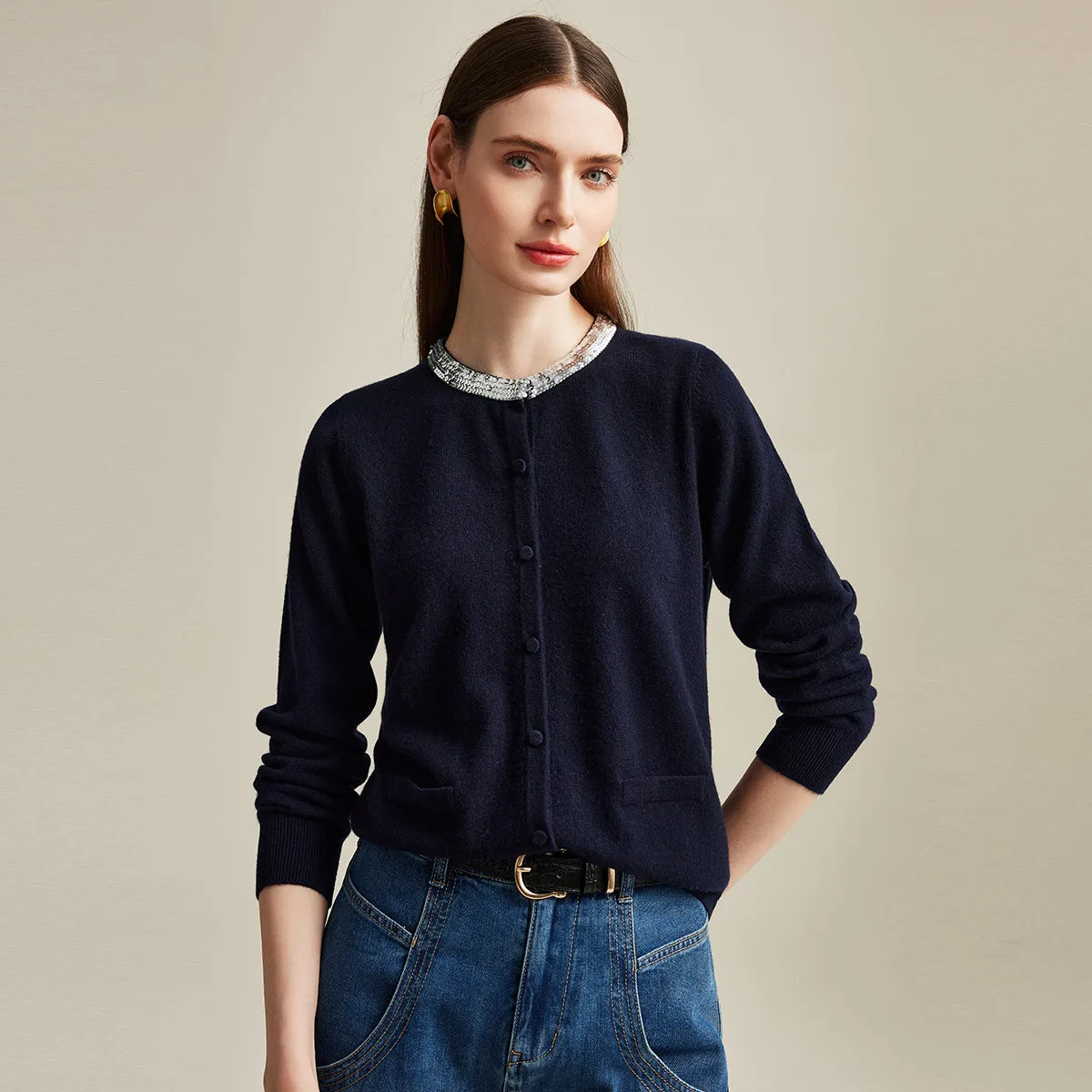 100% Cashmere Women's Embellished Collar Button Cardigan sold by COMOBOCA