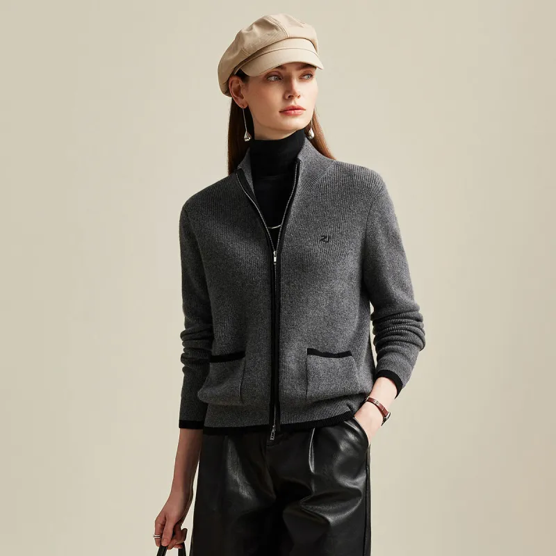 100% Cashmere Women's Contrast Trim Dual Zip Pocket Cardigan sold by COMOBOCA