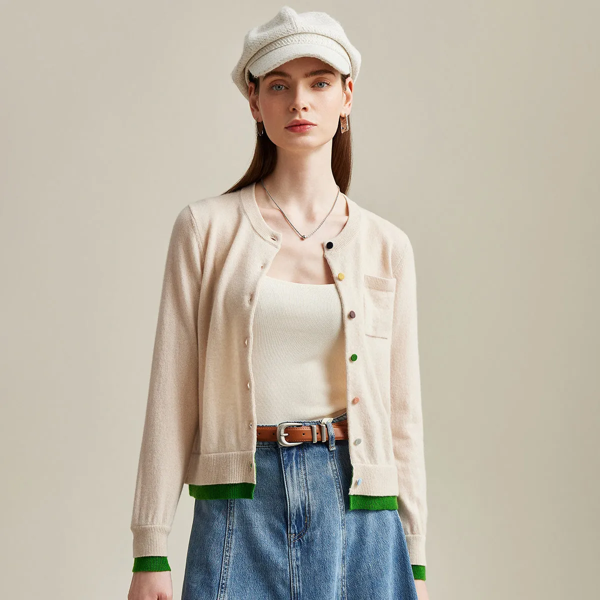 100% Cashmere Women's Contrast-Trim Pocket Cardigan sold by COMOBOCA product image thumbnail 3