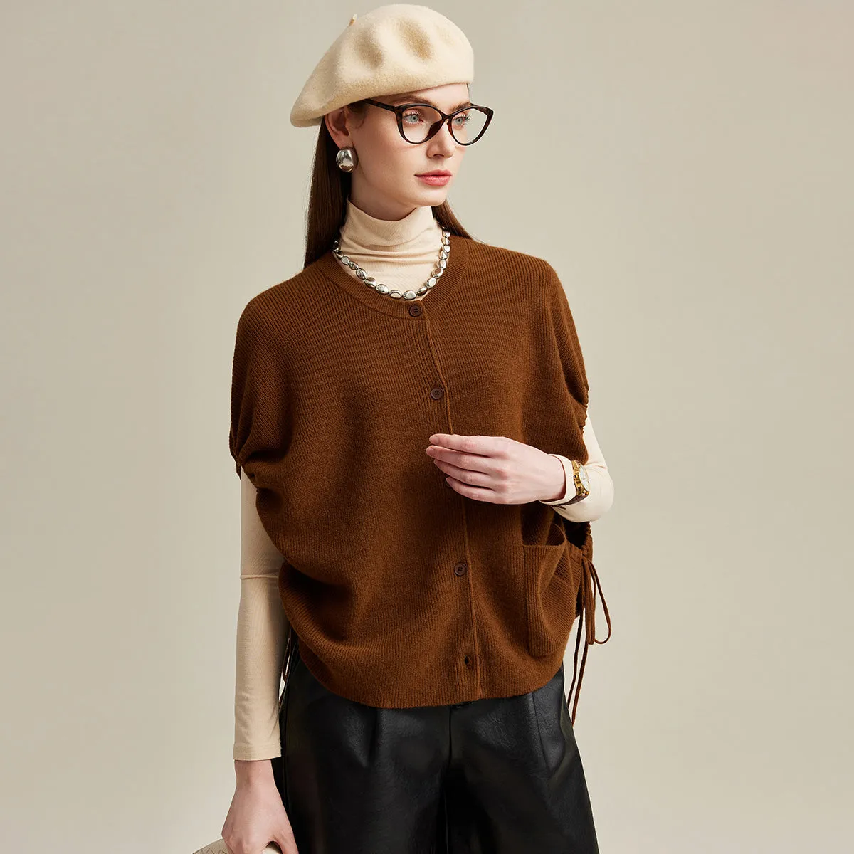 100% Cashmere Knitted Side Drawstring Cape Cardigan sold by COMOBOCA