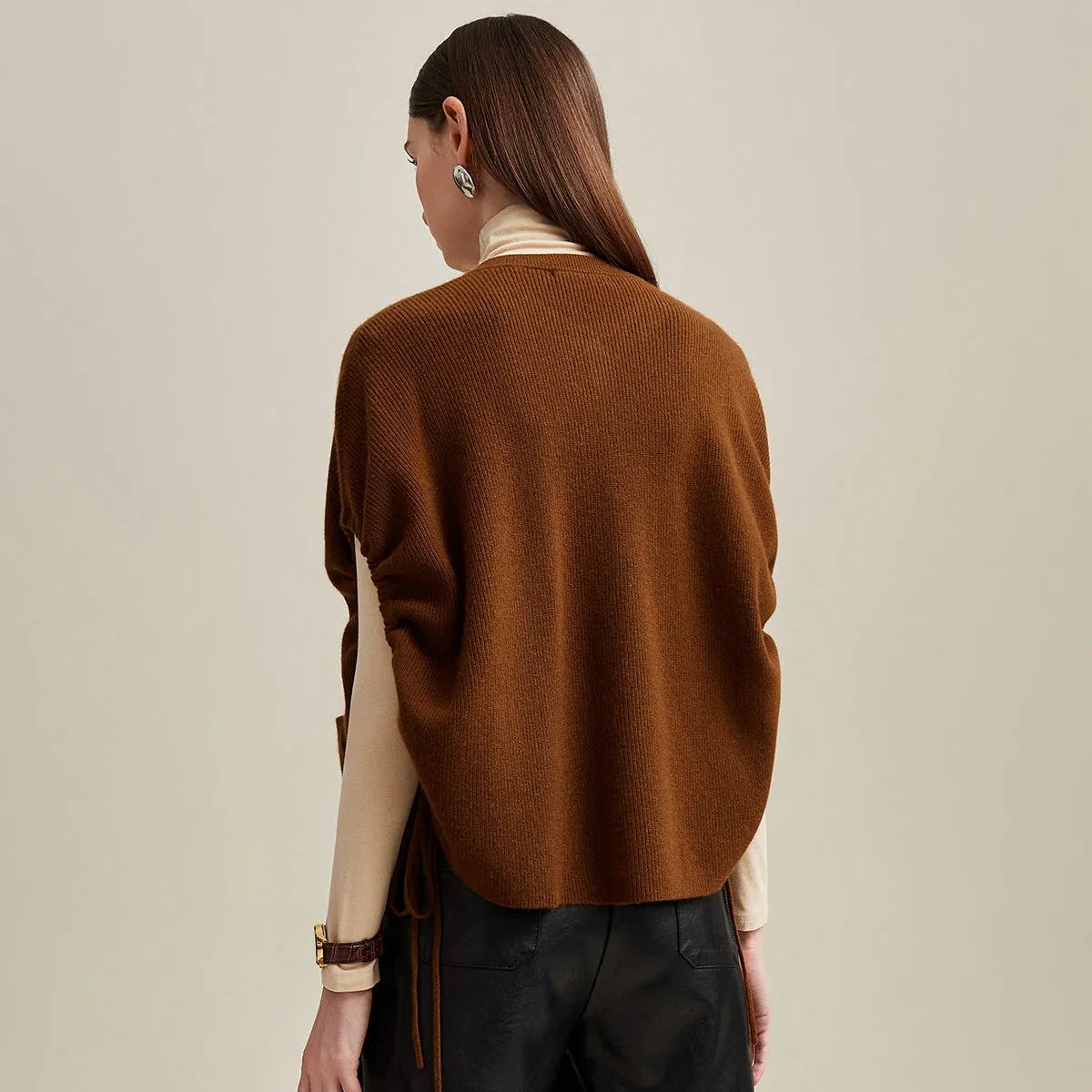 100% Cashmere Knitted Side Drawstring Cape Cardigan sold by COMOBOCA product image thumbnail 2