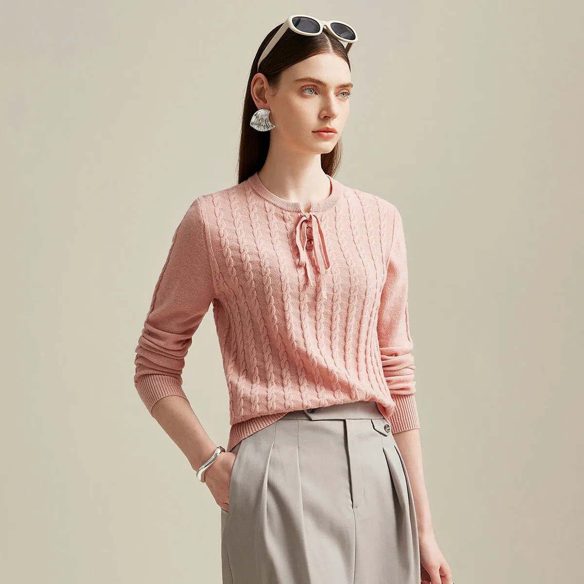 100% Cashmere Cable Knit Sweater with Bow Detail sold by COMOBOCA product image thumbnail 5