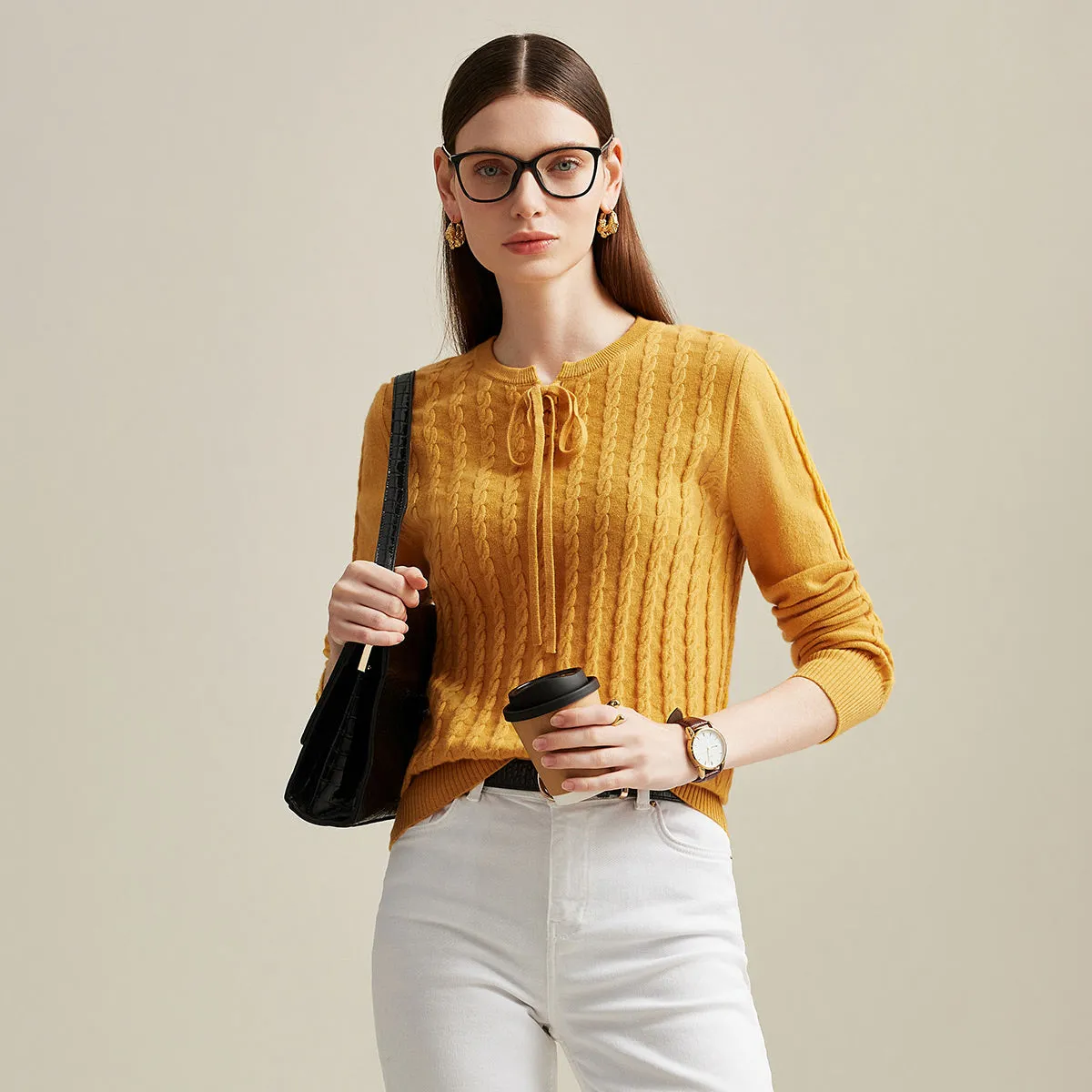 100% Cashmere Cable Knit Sweater with Bow Detail sold by COMOBOCA product image thumbnail 3