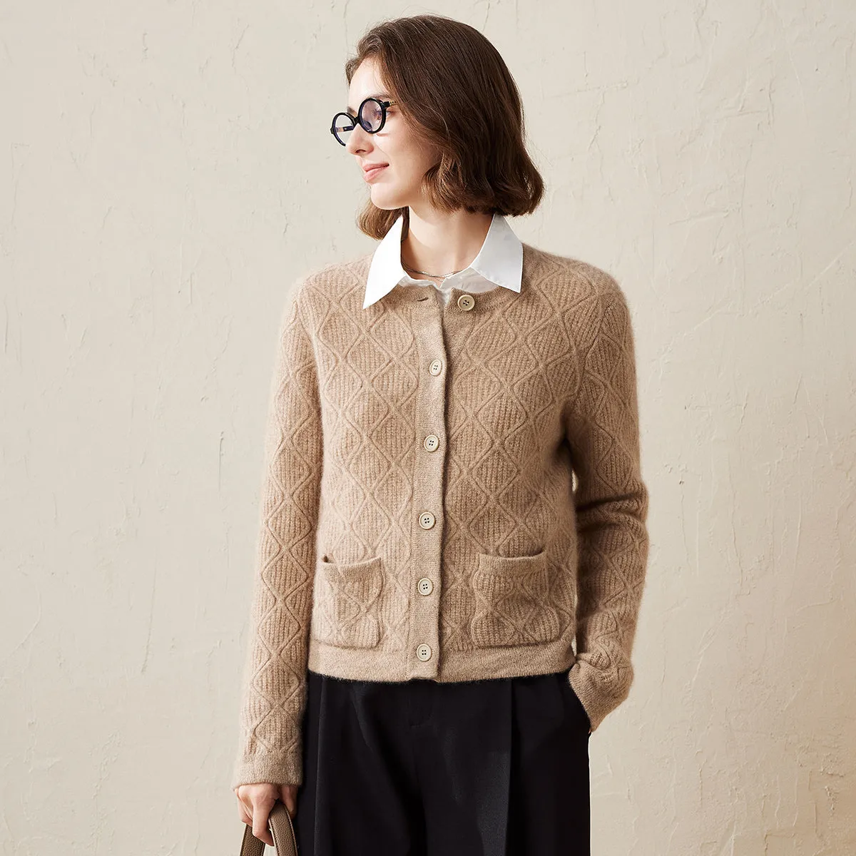 100% Cashmere Women's Diamond Knit Button Cardigan sold by COMOBOCA product image thumbnail 3