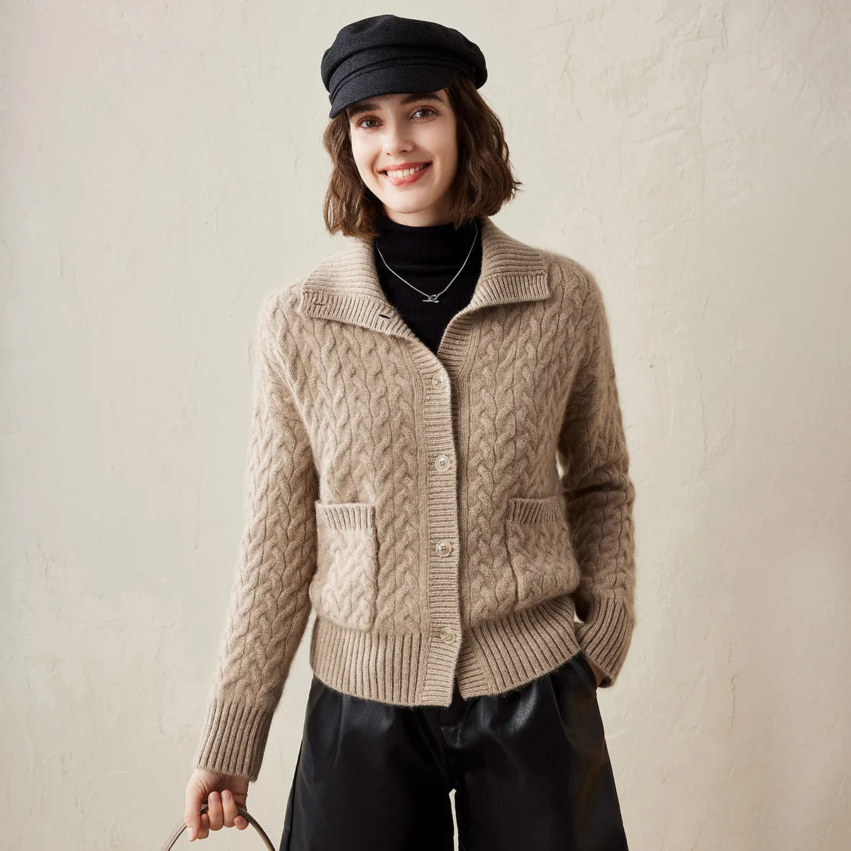 100% Cashmere Women's Cable Knit Pocket Cardigan sold by COMOBOCA product image thumbnail 5